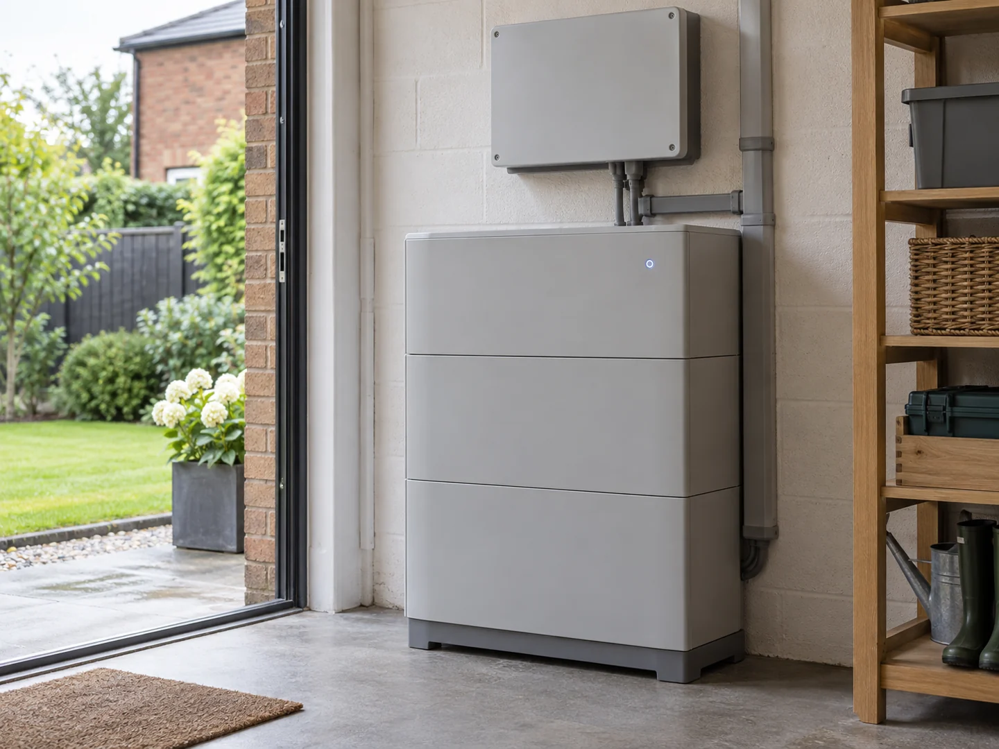 Illustration of an unbranded home battery in a utility space opening onto a garden
